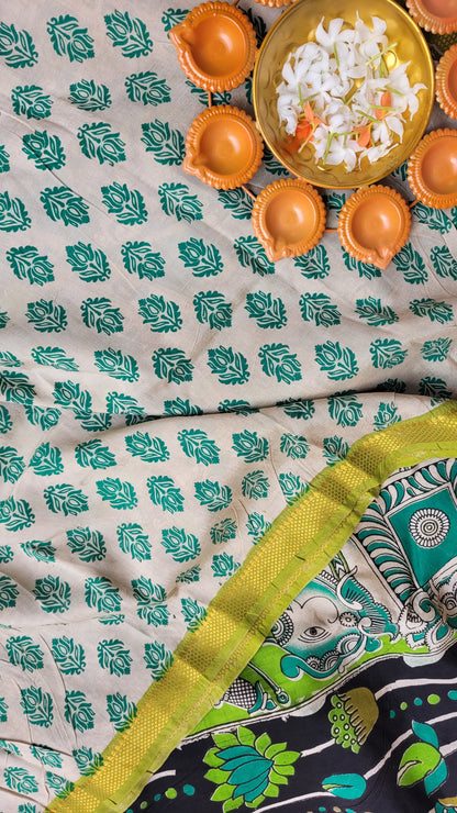Florescent Green & Black Kanchi Border Kalamkari Screen Printed Chennur Silk saree - Gargi