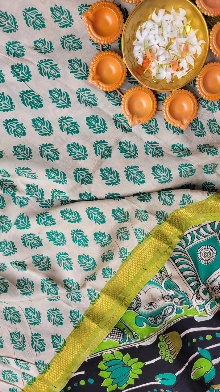 Kalamkari Mangalagiri silk Kanchi border saree- green lotus