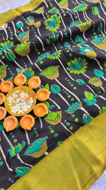 Florescent Green & Black Kanchi Border Kalamkari Screen Printed Chennur Silk saree - Gargi