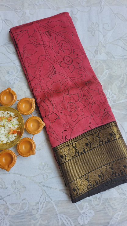 Dark Pink Kanchi border Kalamkari Screen Printed Chennur Silk saree - Kamali
