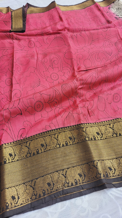 Dark Pink Kanchi border Kalamkari Screen Printed Chennur Silk saree - Kamali