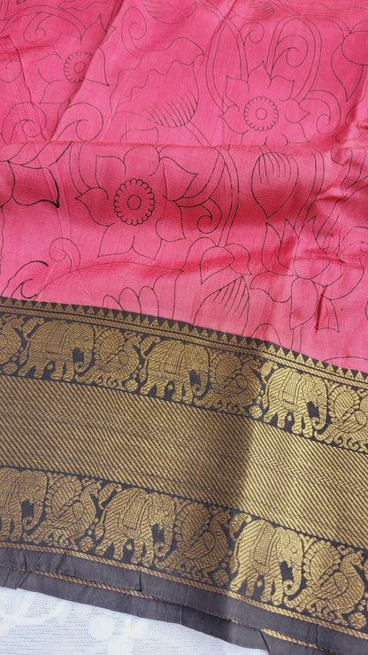 Dark Pink Kanchi border Kalamkari Screen Printed Chennur Silk saree - Kamali