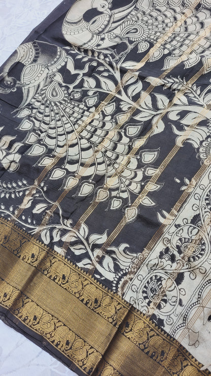 Dark Pink Kanchi border Kalamkari Screen Printed Chennur Silk saree - Kamali