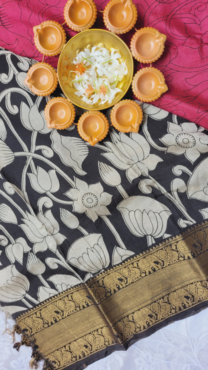 Dark Pink Kanchi border Kalamkari Screen Printed Chennur Silk saree - Kamali