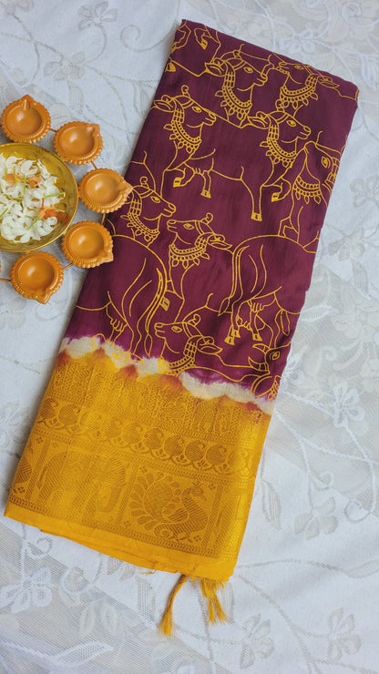 Dark Purple Kalamkari Screen Printed Chennur Silk saree - Parangi