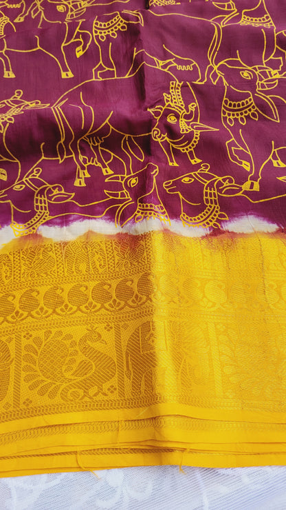 Dark Purple Kalamkari Screen Printed Chennur Silk saree - Parangi