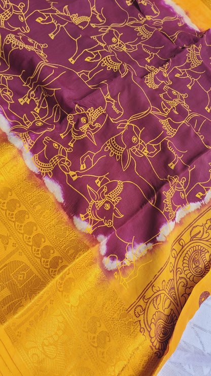 Dark Purple Kalamkari Screen Printed Chennur Silk saree - Parangi