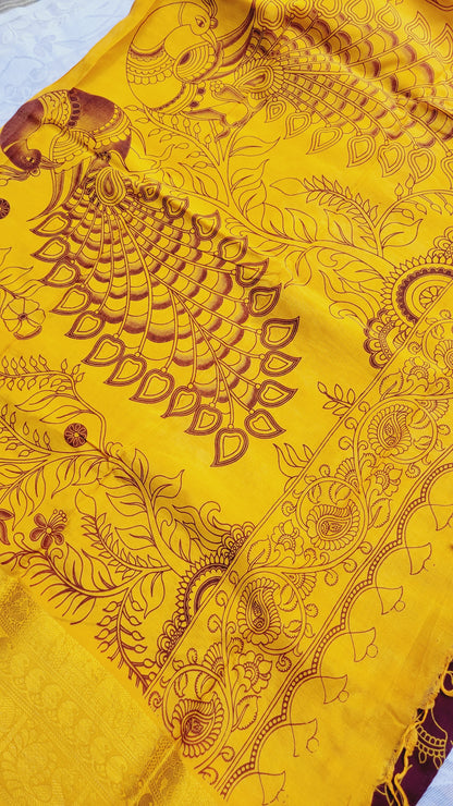 Dark Purple Kalamkari Screen Printed Chennur Silk saree - Parangi