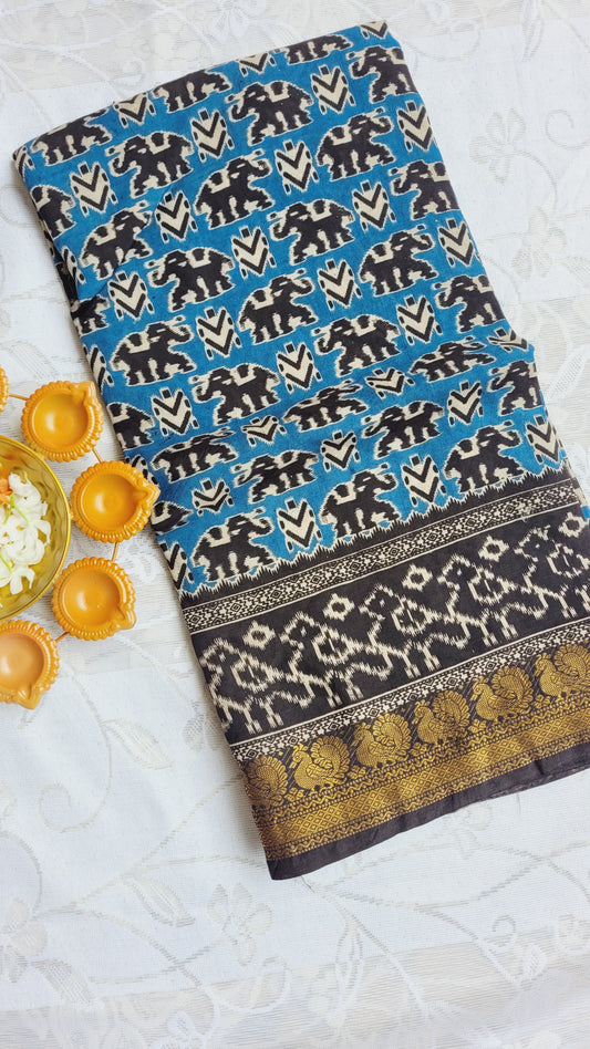 Light Blue Kalamkari Screen Printed Chennur Silk saree - Ningi