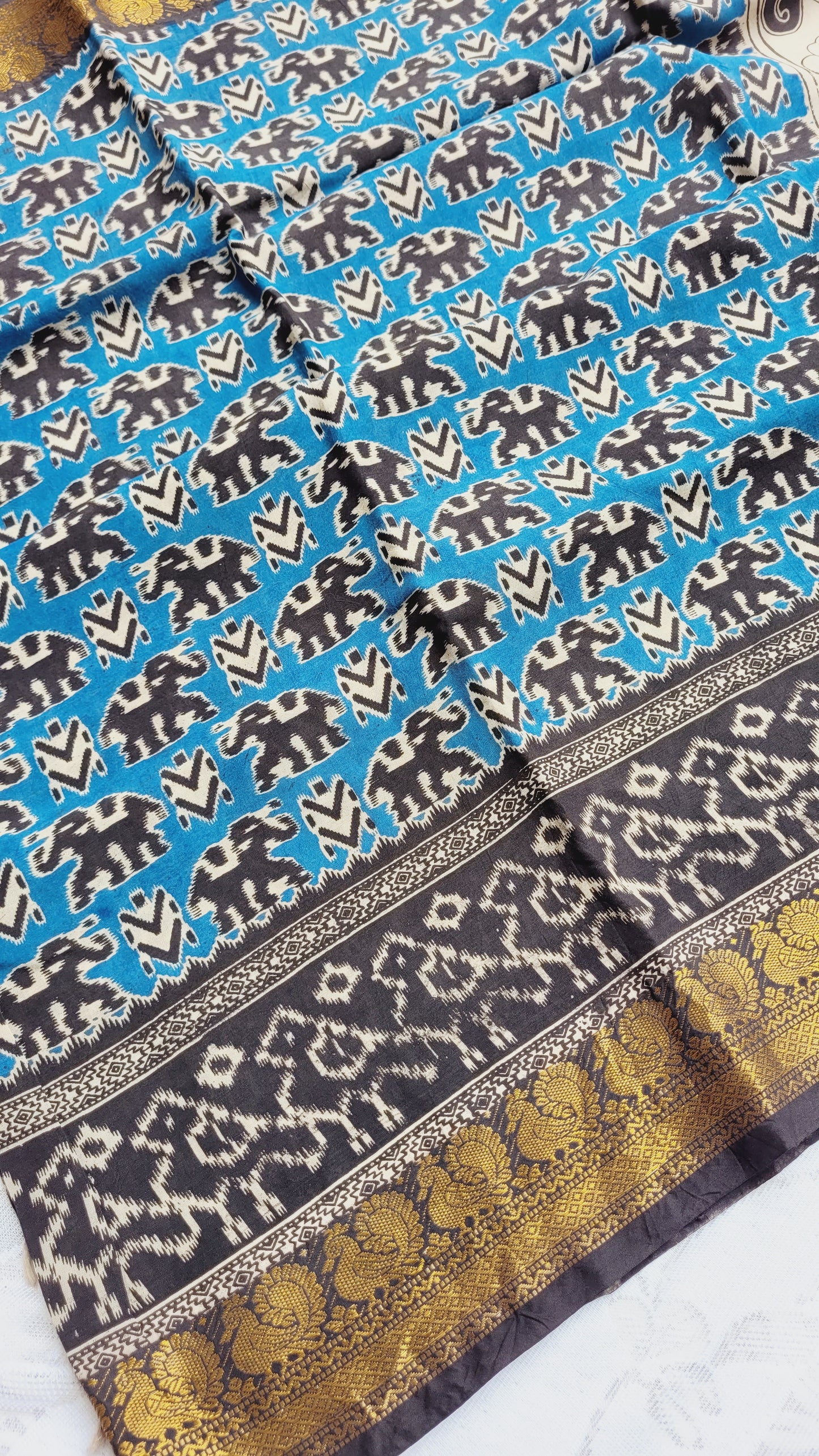 Light Blue Kalamkari Screen Printed Chennur Silk saree - Ningi