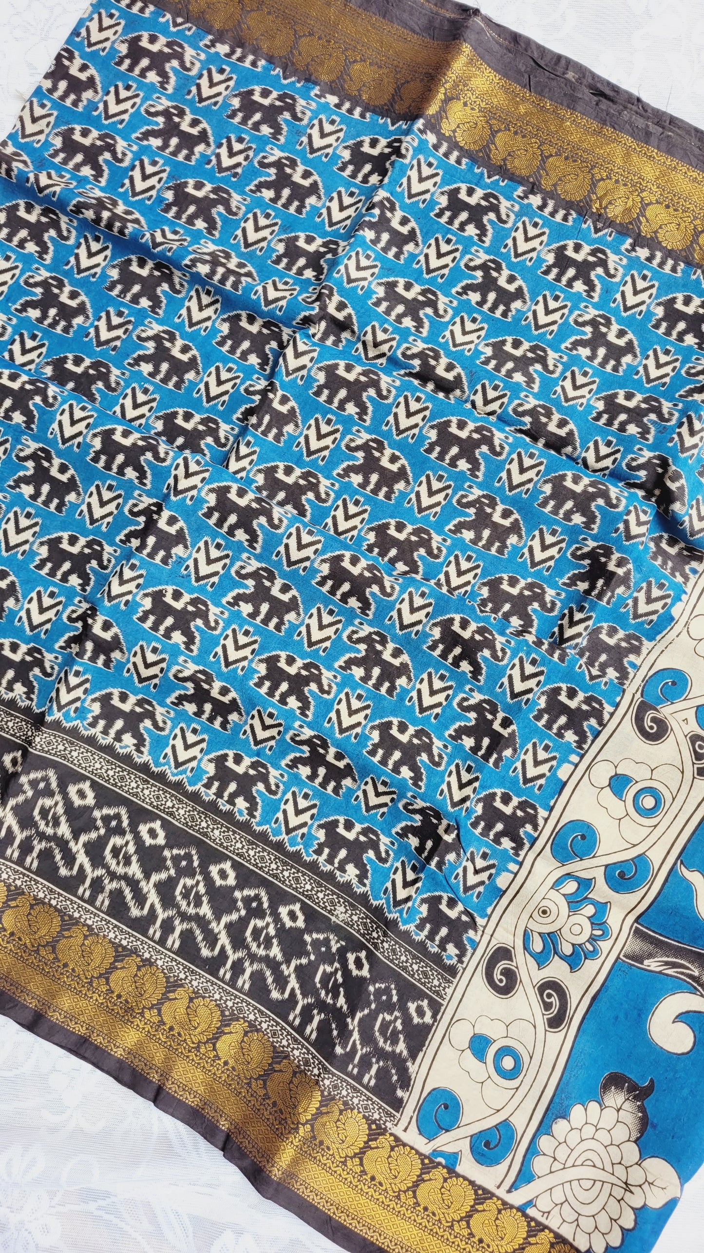 Light Blue Kalamkari Screen Printed Chennur Silk saree - Ningi