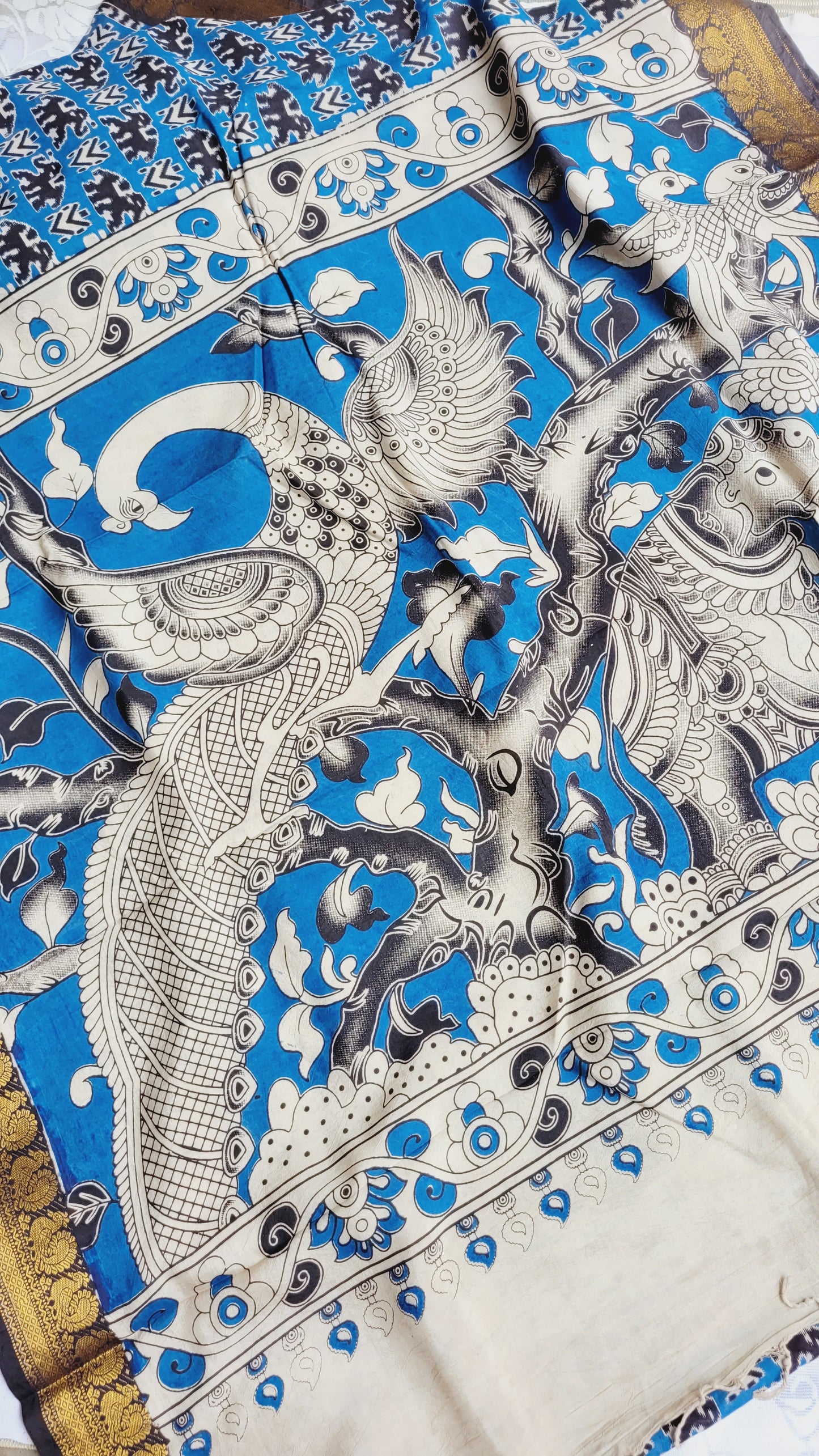 Light Blue Kalamkari Screen Printed Chennur Silk saree - Ningi