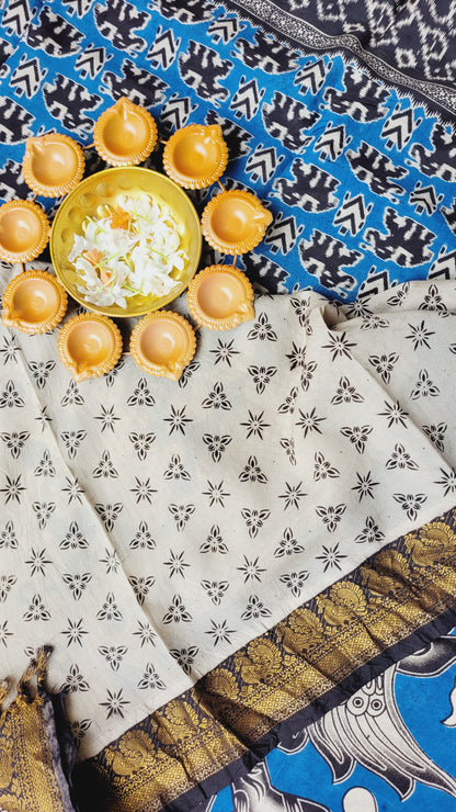 Light Blue Kalamkari Screen Printed Chennur Silk saree - Ningi