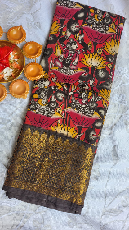 Dark Pink Kalamkari Screen Printed Chennur Silk saree - Surabhi