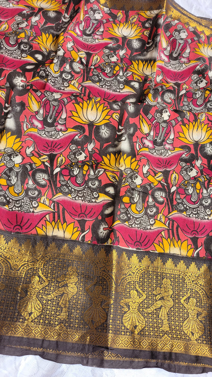 Dark Pink Kalamkari Screen Printed Chennur Silk saree - Surabhi