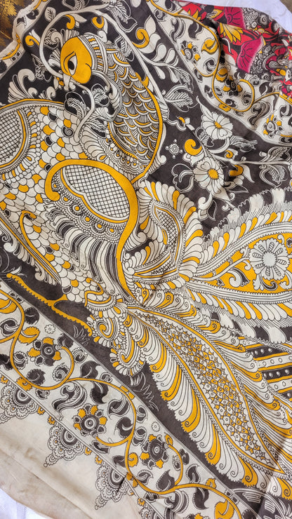 Dark Pink Kalamkari Screen Printed Chennur Silk saree - Surabhi