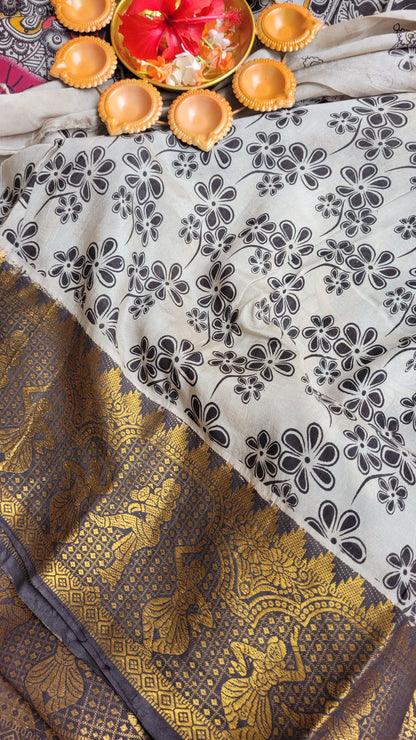 Dark Pink Kalamkari Screen Printed Chennur Silk saree - Surabhi