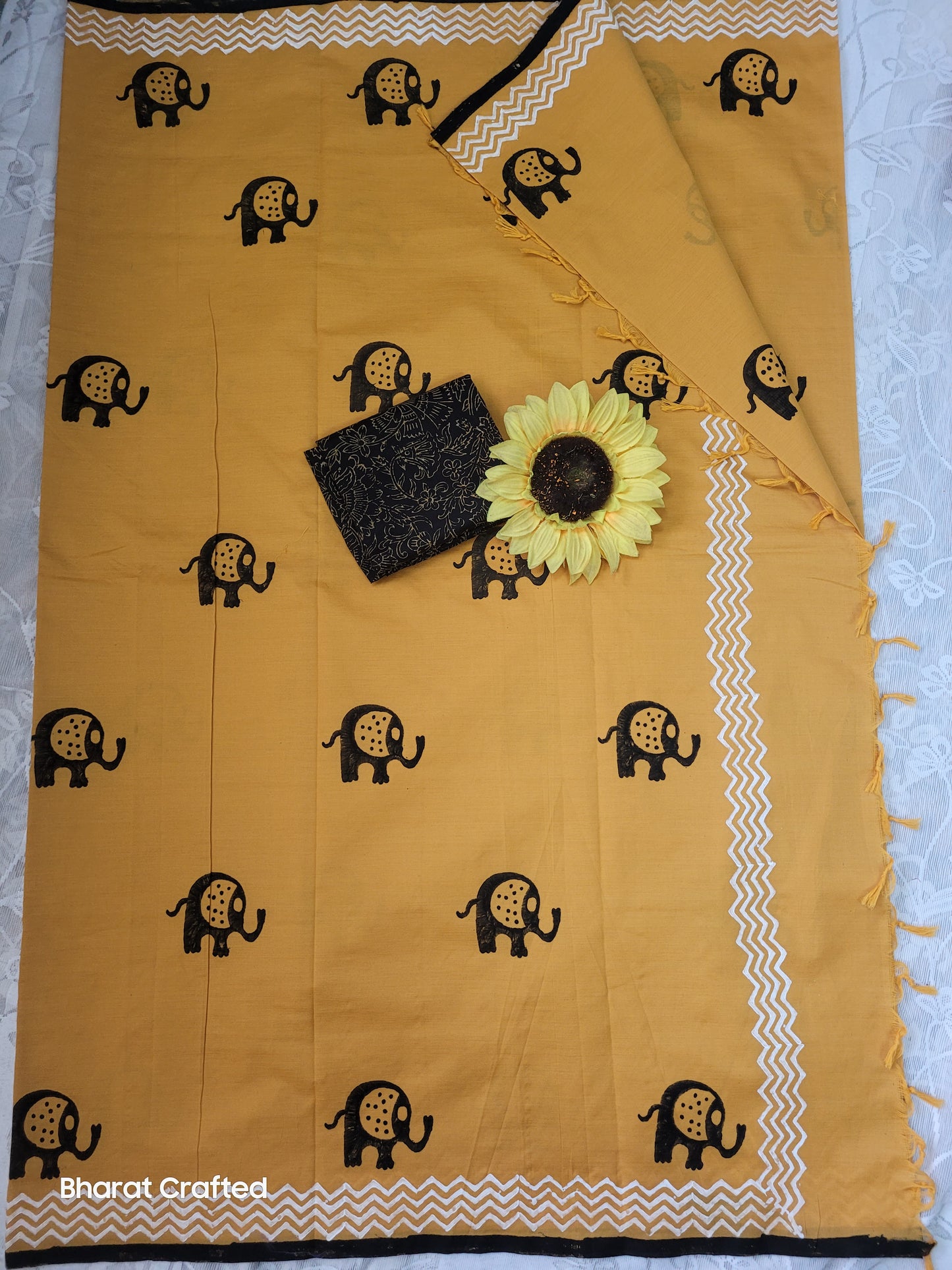 Cotton Mix Block Printed Saree with Contrast Additional Blouse Piece - Mini Elephant