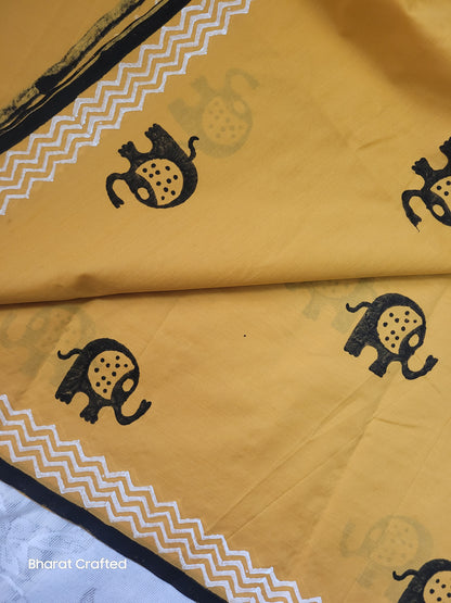 Cotton Mix Block Printed Saree with Contrast Additional Blouse Piece - Mini Elephant