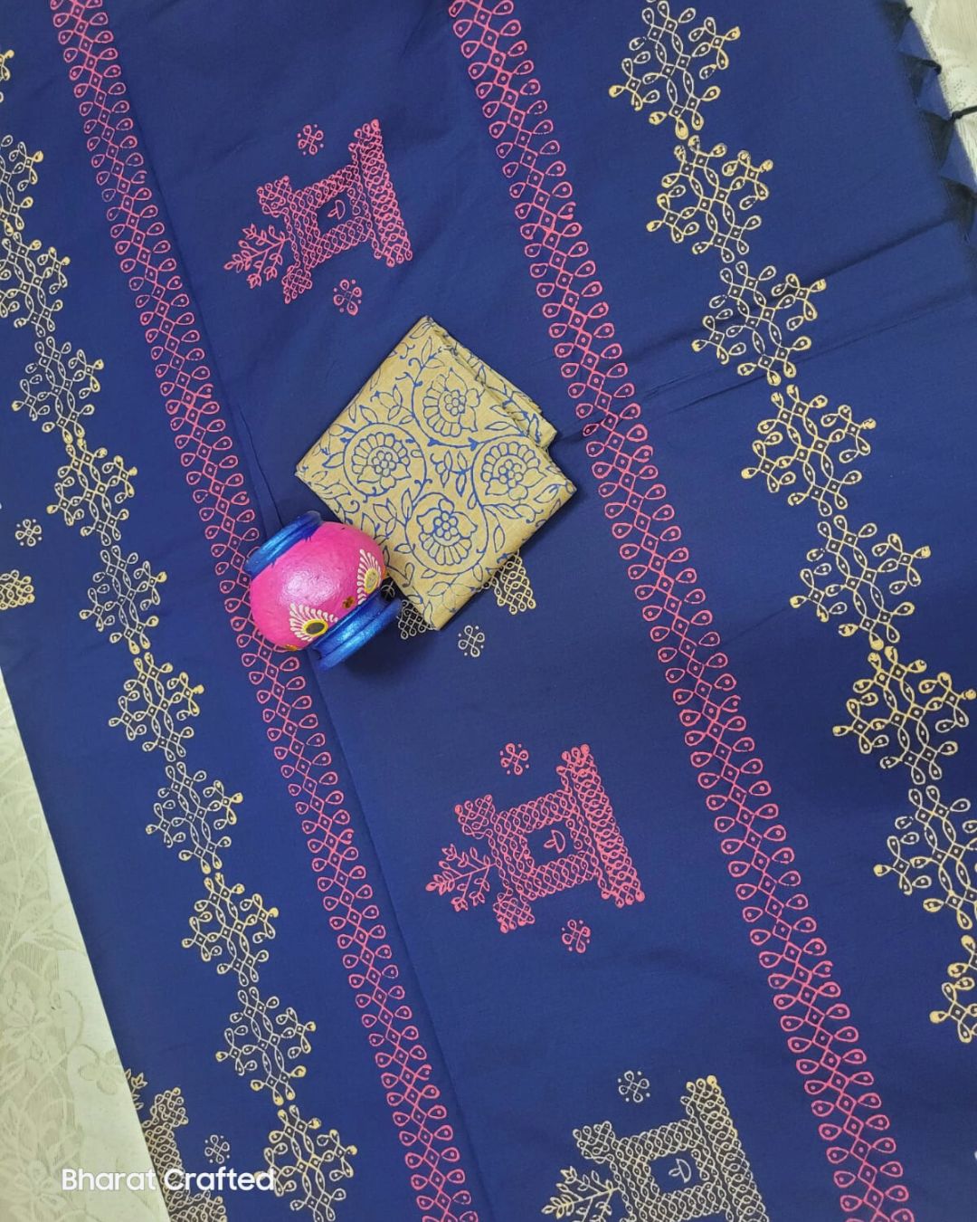 Cotton Mix Block Printed Saree with Contrast Additional Blouse Piece - Blue Rath Kollam