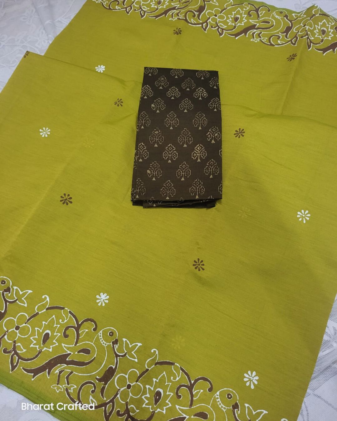Cotton Mix Block Printed Saree with Contrast Additional Blouse Piece - Parrot Border