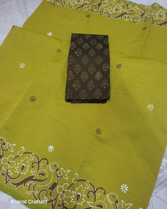 Cotton Mix Block Printed Saree with Contrast Additional Blouse Piece - Parrot Border