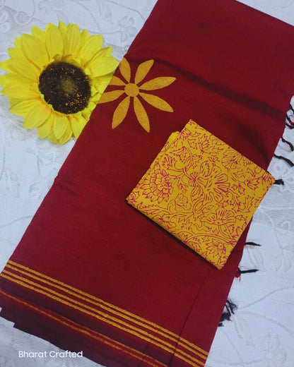Cotton Mix flower Block Printed Saree with Contrast Additional Blouse