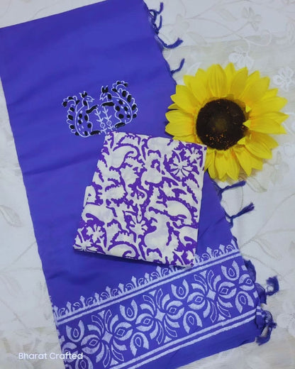 Cotton Mix squirel Block Printed Saree with Contrast Additional Blouse