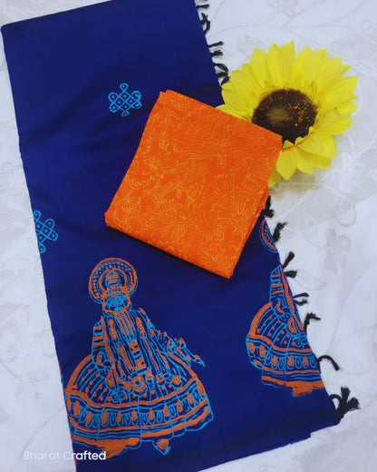 Cotton Mix kathak Block Printed Saree with Contrast Additional Blouse