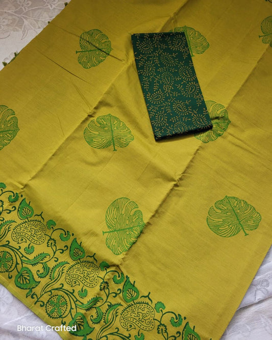 Cotton Mix Block Printed Saree with Contrast Additional Blouse Piece - Raavi