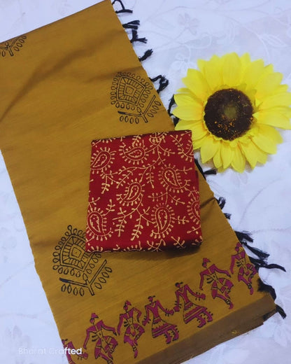 Cotton Mix designer leaf Block Printed Saree with Contrast Additional Blouse