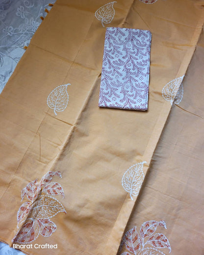 Cotton Mix Block Printed Saree with Contrast Additional Blouse Piece - Orange Champa