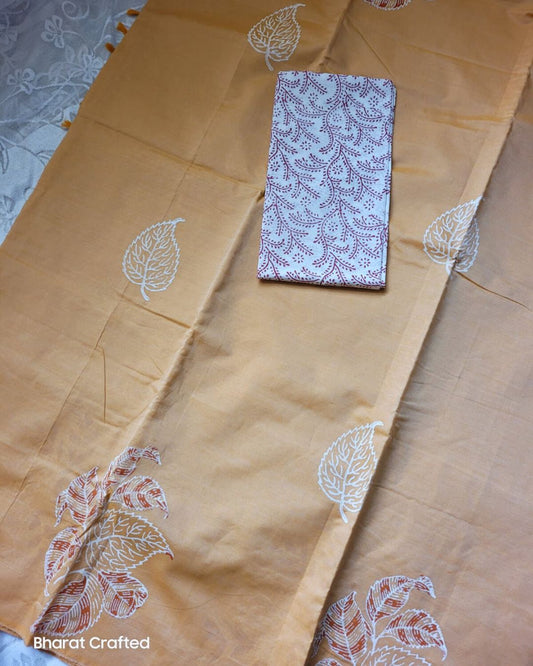 Cotton Mix Block Printed Saree with Contrast Additional Blouse Piece - Orange Champa