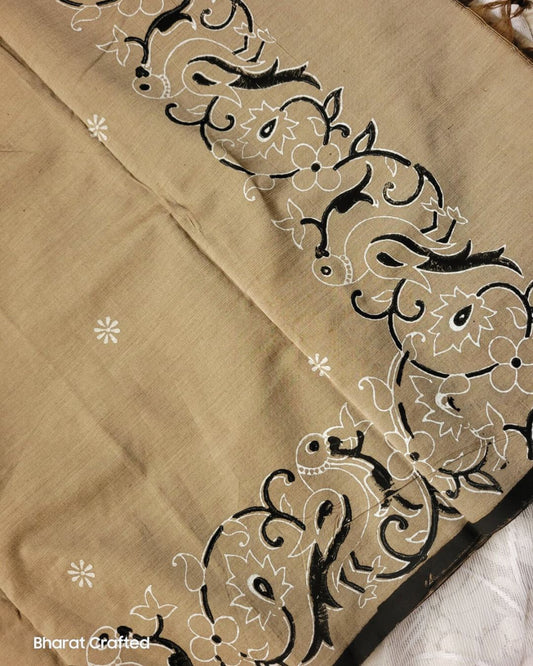 Cotton Mix Block Printed Saree with Contrast Additional Blouse Piece - Golden Grey Parrot Border