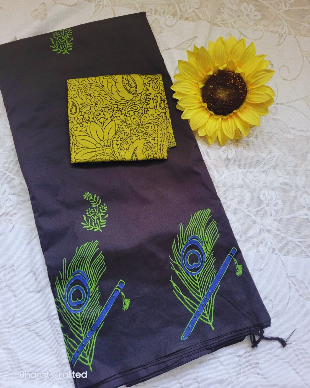 Cotton Mix Block Printed Saree with Contrast Additional Blouse Piece flute and peacock feather