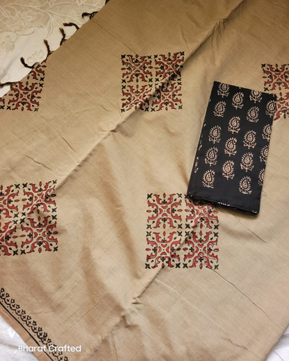 Cotton Mix Block Printed Saree with Contrast Additional Blouse Piece - Dusky Grey With Prisma Print