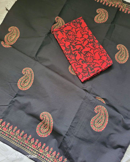 Cotton Mix Block Printed Saree with Contrast Additional Blouse Piece - Florescent Pink Paisley on Black