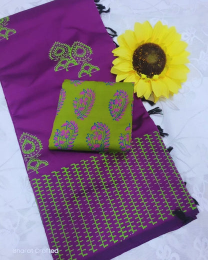 Cotton Mix leaf jumka Block Printed Saree with Contrast Additional Blouse