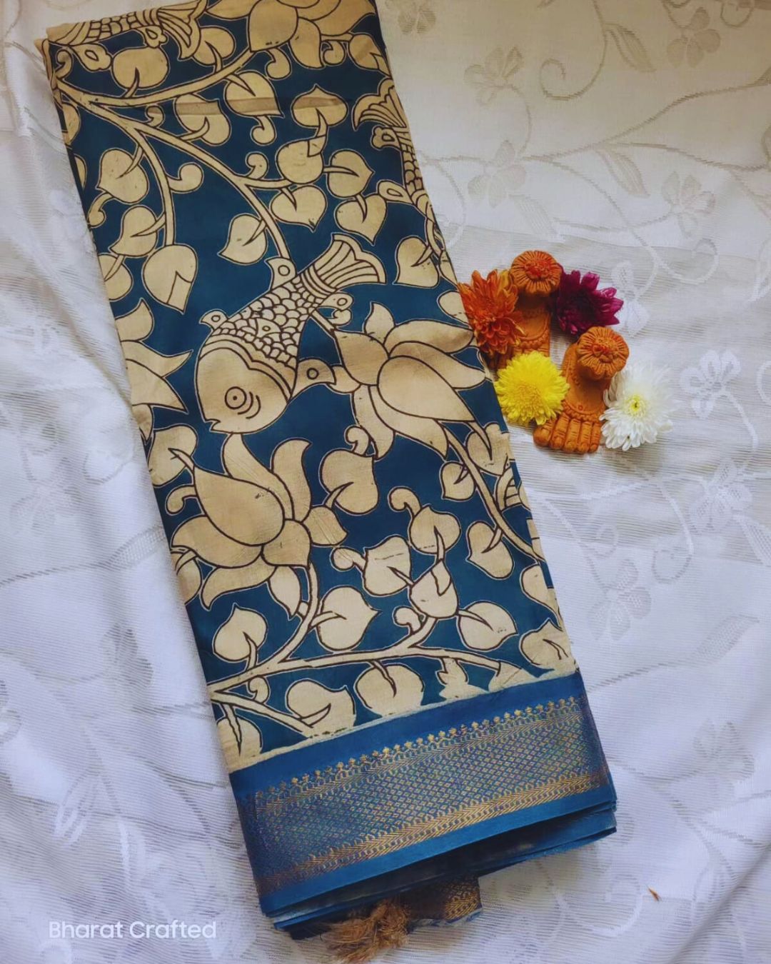 Kalamkari Nizam Border flower fish saree