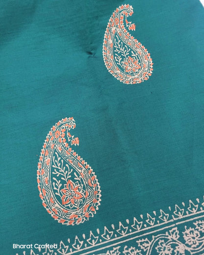 Cotton Mix Block Printed Saree with Contrast Additional Blouse Piece - Green & Orange Paisley