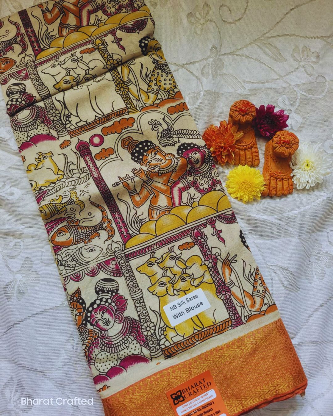 Kalamkari Nizam Border radha krishna cow and fish Printed Saree