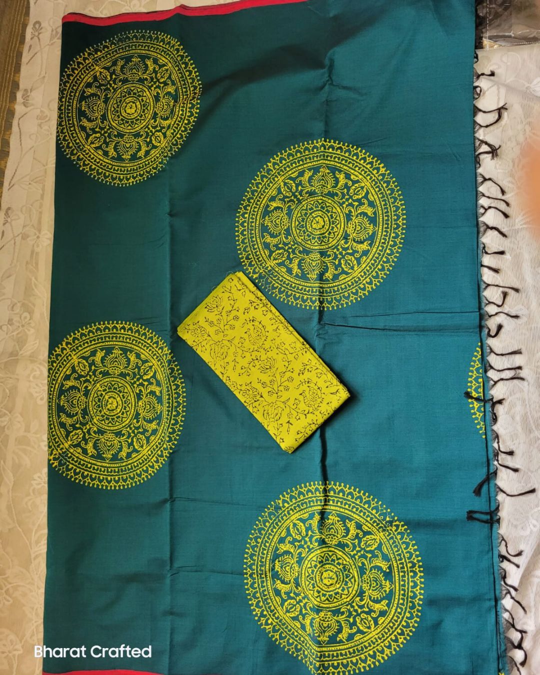 Cotton Mix Block Printed Saree with Contrast Additional Blouse Piece - Florescent Green Chakra