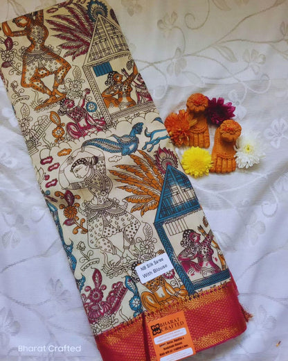 Kalamkari Nizam Border dancing women pose peacock saree