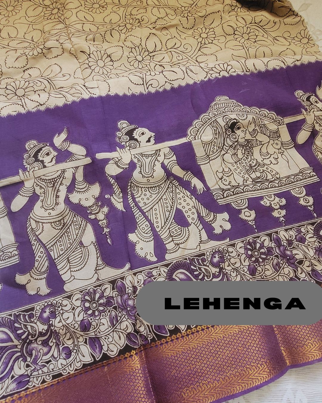 Kalamkari Silk Unstitched Lehenga Fabric 3pcs Set - purple