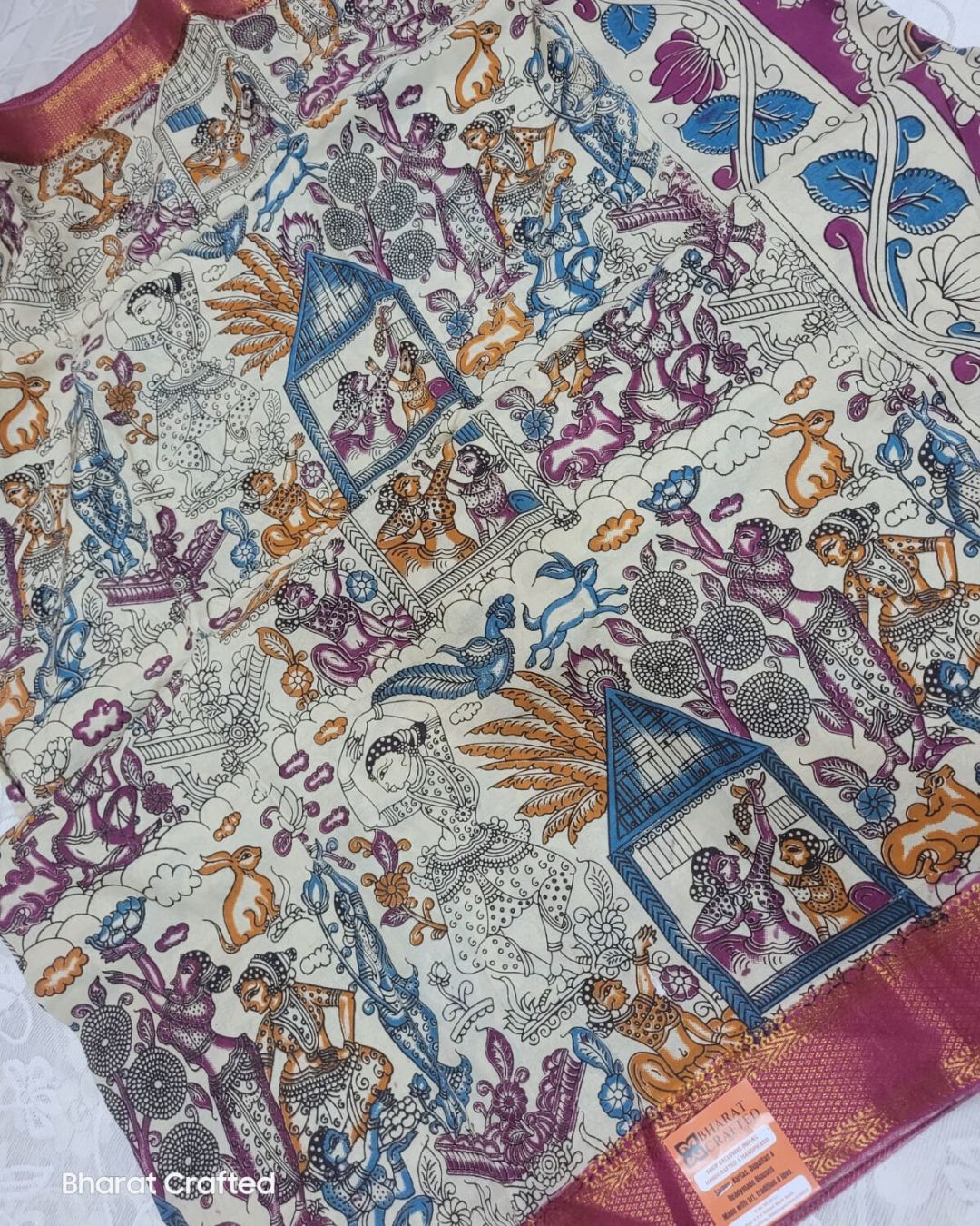 Kalamkari Nizam Border dancing women pose peacock saree