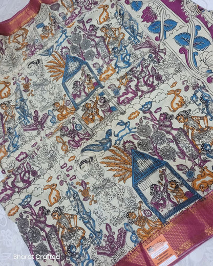 Kalamkari Nizam Border dancing women pose peacock saree