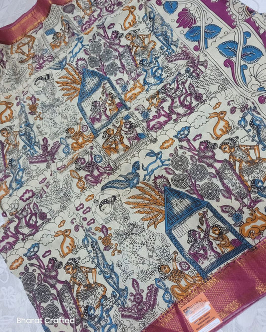 Kalamkari Nizam Border dancing women pose peacock saree