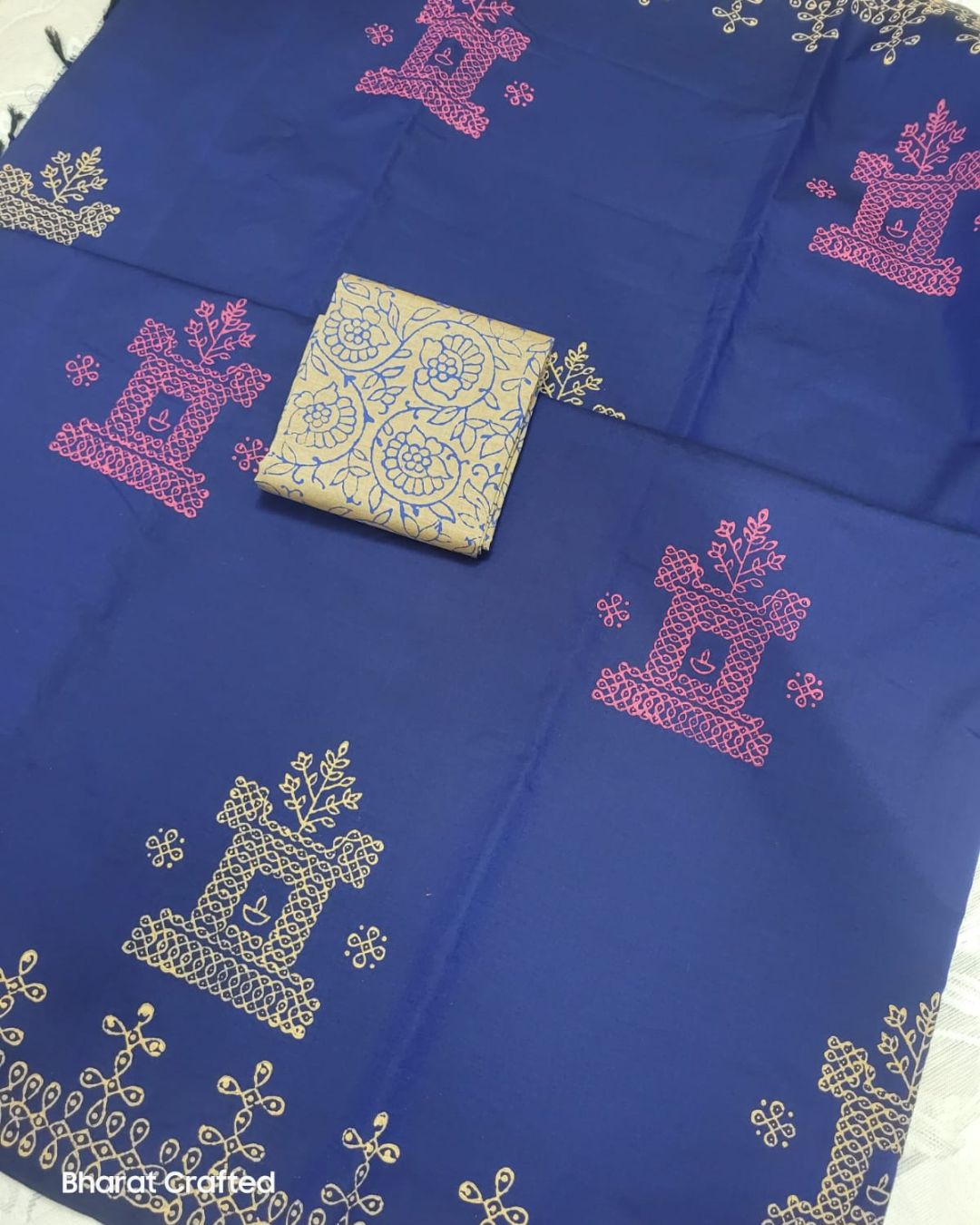 Cotton Mix Block Printed Saree with Contrast Additional Blouse Piece - Blue Rath Kollam