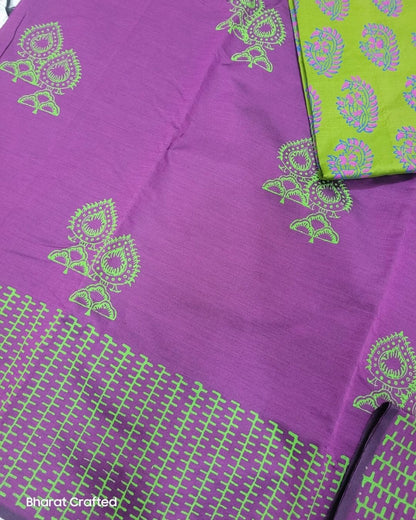 Cotton Mix leaf jumka Block Printed Saree with Contrast Additional Blouse