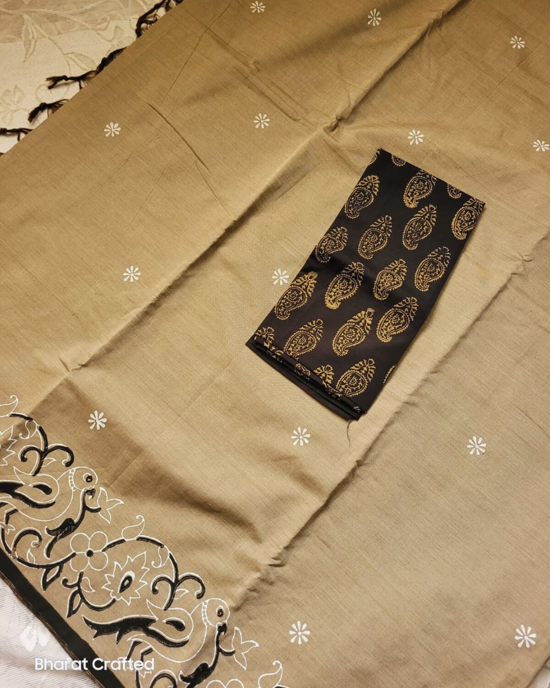 Cotton Mix Block Printed Saree with Contrast Additional Blouse Piece - Golden Grey Parrot Border